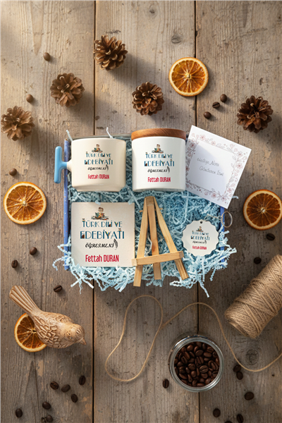 Türk Dili ve Edebiyatı Öğretmeni Hediye Kutusu - Kişiye Özel T Kupa, Seramik Kalemlik, Dekoratif Taş İsimlik, Güneş Anahtarlık