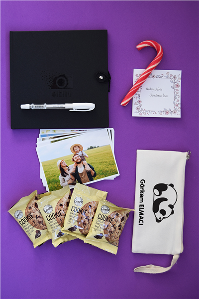 Uykucu Panda Hediye Kutusu - Anı Defteri, Fotoğraf 10 Adet, Bez Kalemlik, Baston Şeker, Onefis Sade Çikolata Parçalı Cookie 4 adet