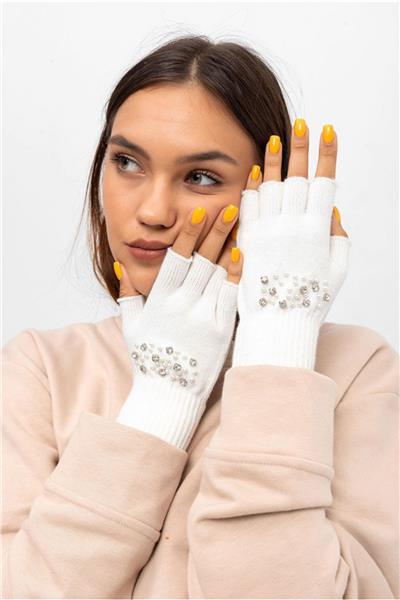 Üzeri Taşlı Kesik Ekru Triko Eldiven