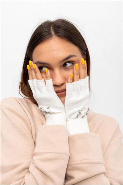 Üzeri Taşlı Kesik Ekru Triko Eldiven