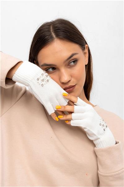 Üzeri Taşlı Kesik Ekru Triko Eldiven