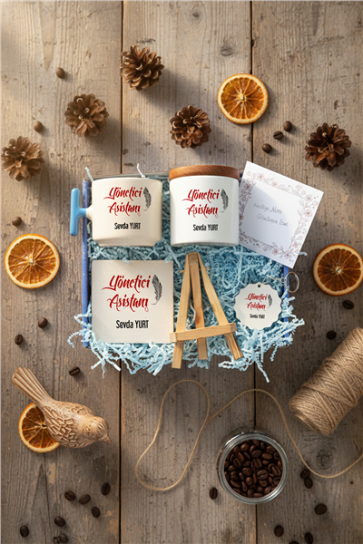 Yönetici Asistanı Hediye Kutusu - Kişiye Özel T Kupa, Seramik Kalemlik, Dekoratif Taş İsimlik, Güneş Anahtarlık