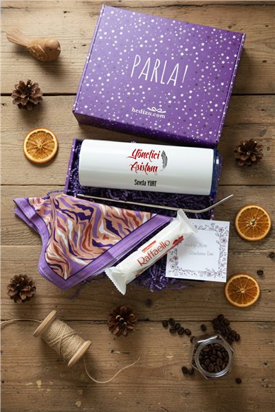 Yönetici Asistanı Hediye Kutusu - Kişiye Özel Pipetli Çelik Termos, Fular, Çikolata Ferrero Rocher Raffaello