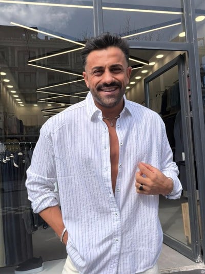 Giesto Çizgili Viscon Keten Gömlek Beyaz