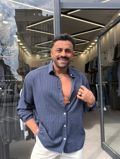 Giesto Çizgili Viscon Keten Gömlek Lacivert