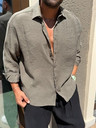 Giesto Kendinden Desenli Modal Gömlek Haki