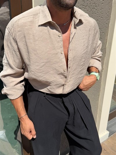 Giesto Kendinden Desenli Modal Gömlek Bej