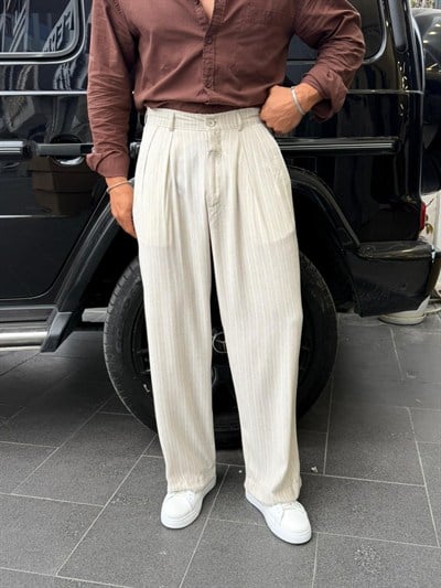 Giesto Premium Çizgili Pantolon Ekru