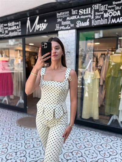 Ekru Siyah Puantiyeli Büstiyer Pantolon İkili Takım