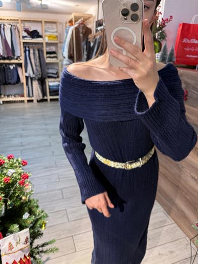 Lacivert kayık yaka standart beden elbise