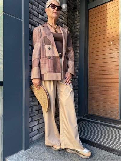 Patchwork Desenli Oversize Blazer Ceket – Kahve Ton