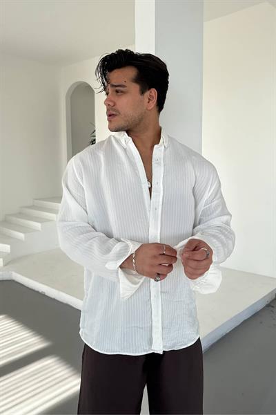 Beyaz Çizgili Oversize Gömlek