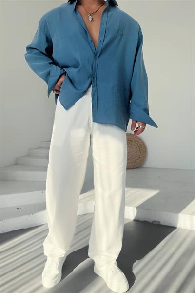 Beyaz Keten Baggy Pantolon
