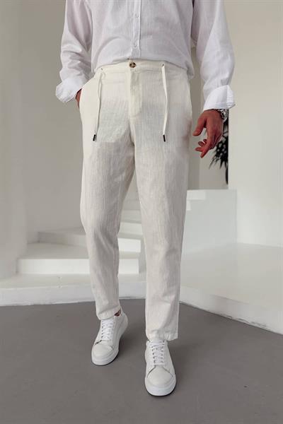 Beyaz Keten İpli Boyfriend Pantolon