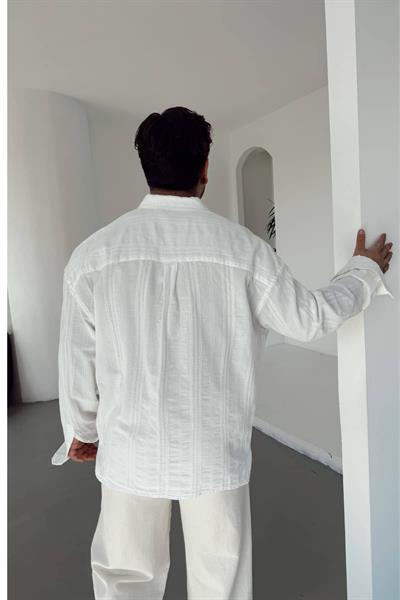 Beyaz Linen Nakışlı Keten Gömlek