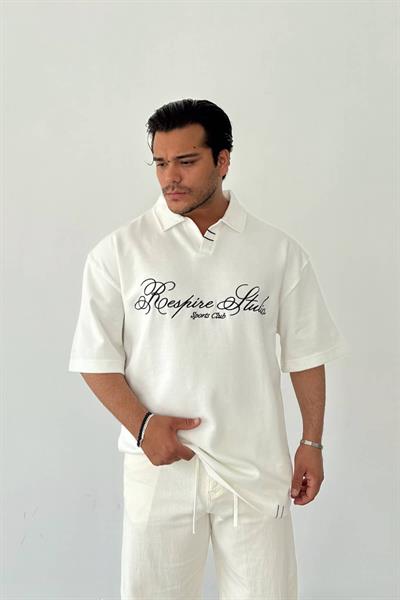 Beyaz Nakışlı Polo Yaka T-shirt