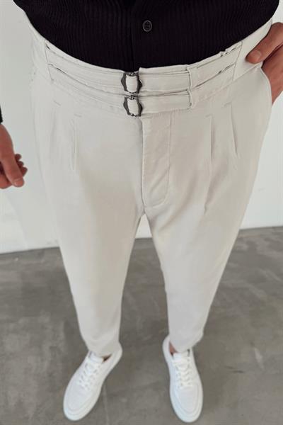 Gri Çift Kemerli Gabardin Pantolon