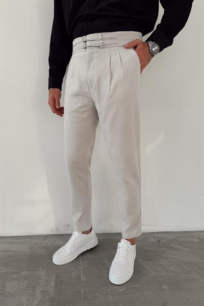 Gri Çift Kemerli Gabardin Pantolon
