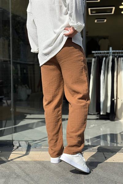 Kahve Müslin Kumaş Boru Paça Pantolon