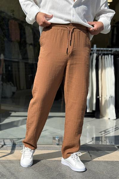 Kahve Müslin Kumaş Boru Paça Pantolon