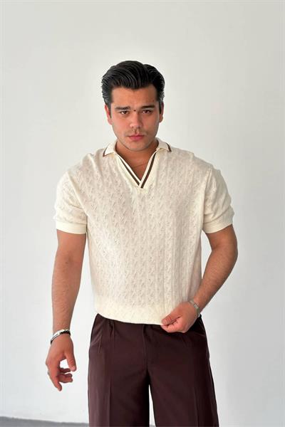 Kahve Şeritli V Yaka Desenli Triko