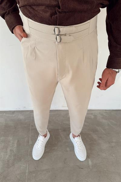 Krem Çift Kemerli Gabardin Pantolon