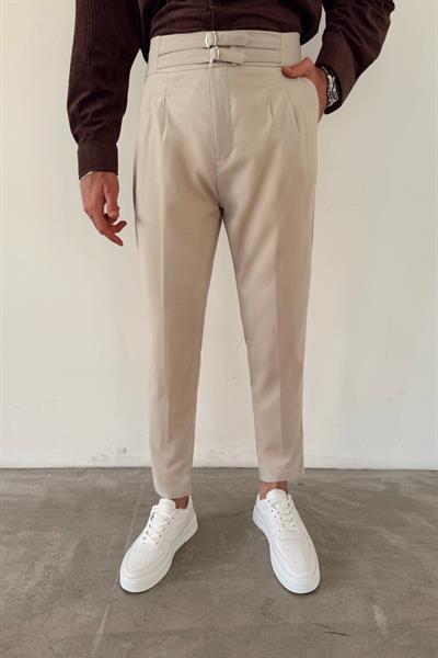 Krem Çift Kemerli Gabardin Pantolon