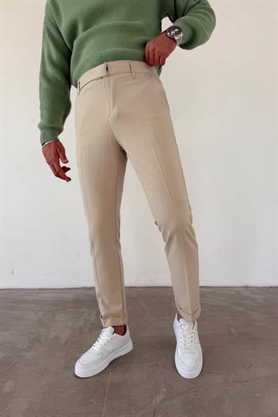 Krem Kemerli Pantolon