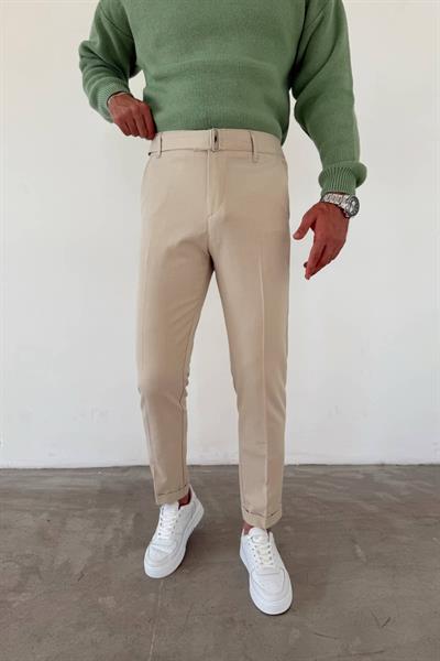 Krem Kemerli Pantolon
