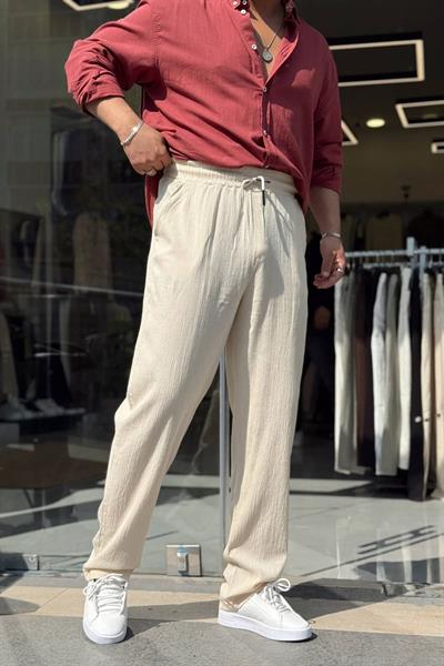 Krem Kırınkıl Boru Paça Pantolon