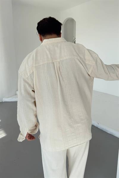 Krem Linen Nakışlı Keten Gömlek