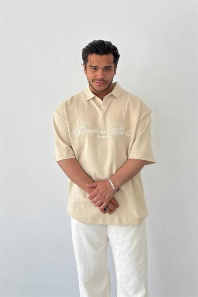 Krem Nakışlı Polo Yaka T-shirt