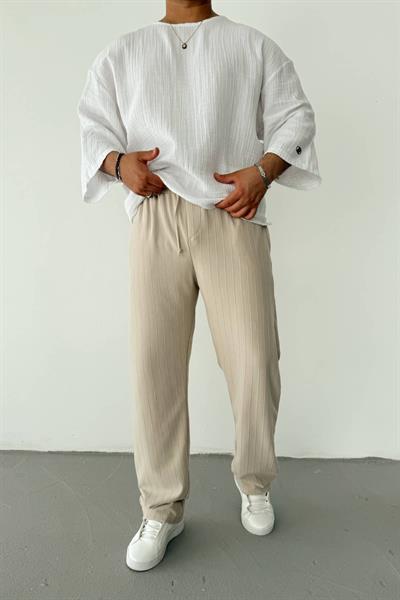 Krem Şeritli Baggy Pantolon