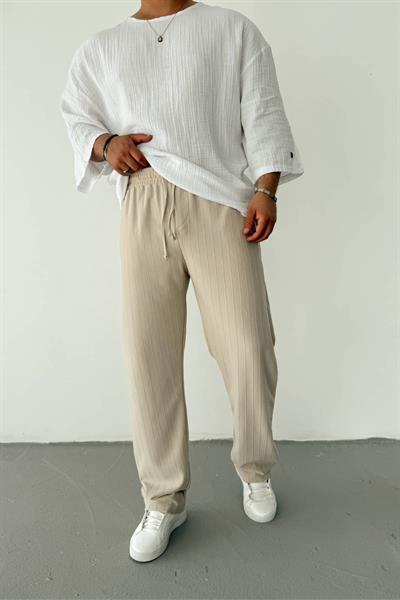 Krem Şeritli Baggy Pantolon