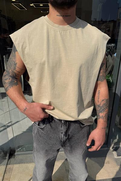 Krem Sıfır Kol T-Shirt