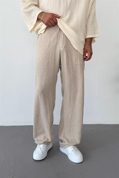 Krem Viscon Keten Baggy Pantolon