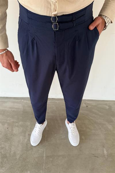 Lacivert Çift Kemerli Gabardin Pantolon