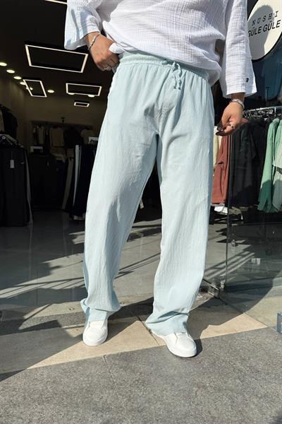 Mavi Bol Kalıp Keten Pantolon
