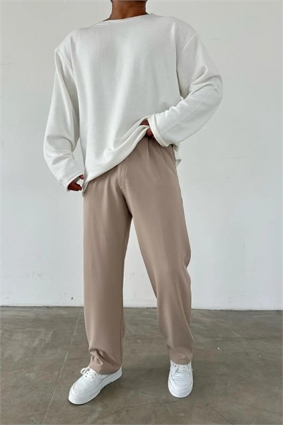 Pileli Baggy Krem Pantolon