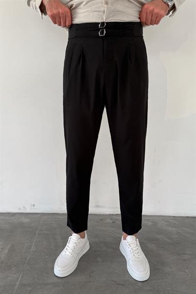 Siyah Çift Kemerli Gabardin Pantolon