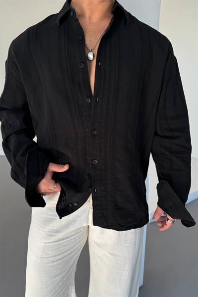 Siyah Linen Nakışlı Keten Gömlek