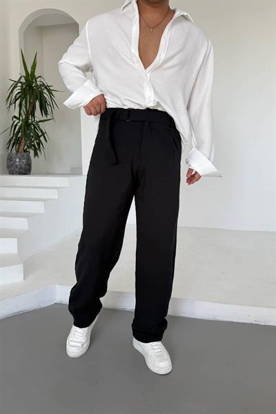 Siyah Modal Kemerli Baggy Pantolon