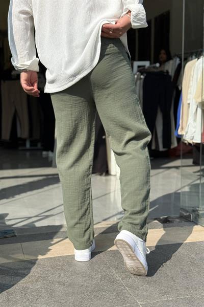 Yeşil Müslin Kumaş Boru Paça Pantolon
