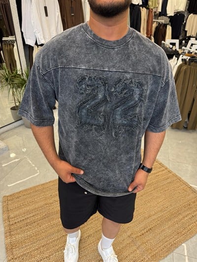 Antrasit 22 Nakışlı Oversize T-shirt