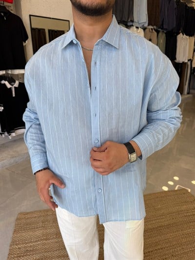 Bebe Mavi Viscon Keten İnce Çizgili Gömlek