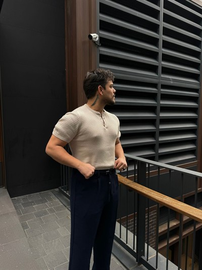 Bej Yam Patlı Düğmeli Triko