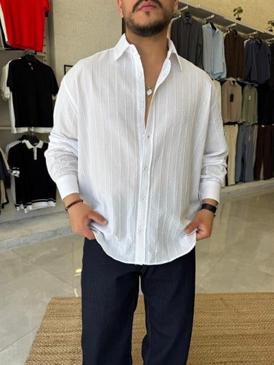 Beyaz Gofre Çizgili Gömlek