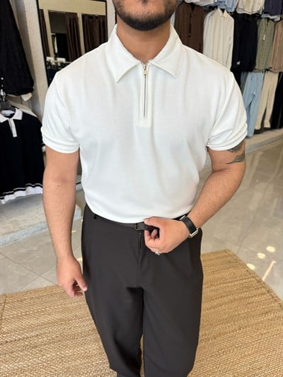 Beyaz Oysh Kumaş Polo T-shirt
