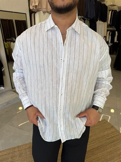 Beyaz Viscon Keten İnce Çizgili Gömlek