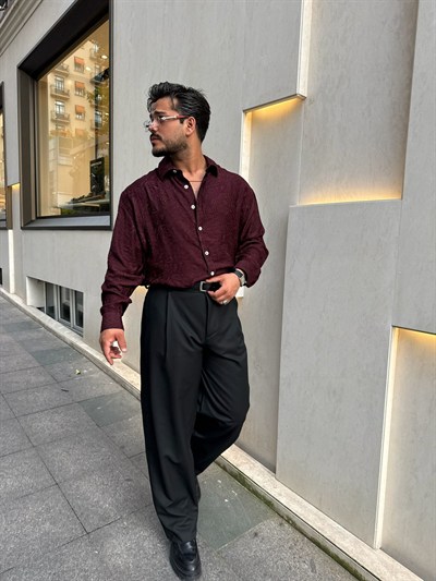 Bordo Desenli Oversize Gömlek